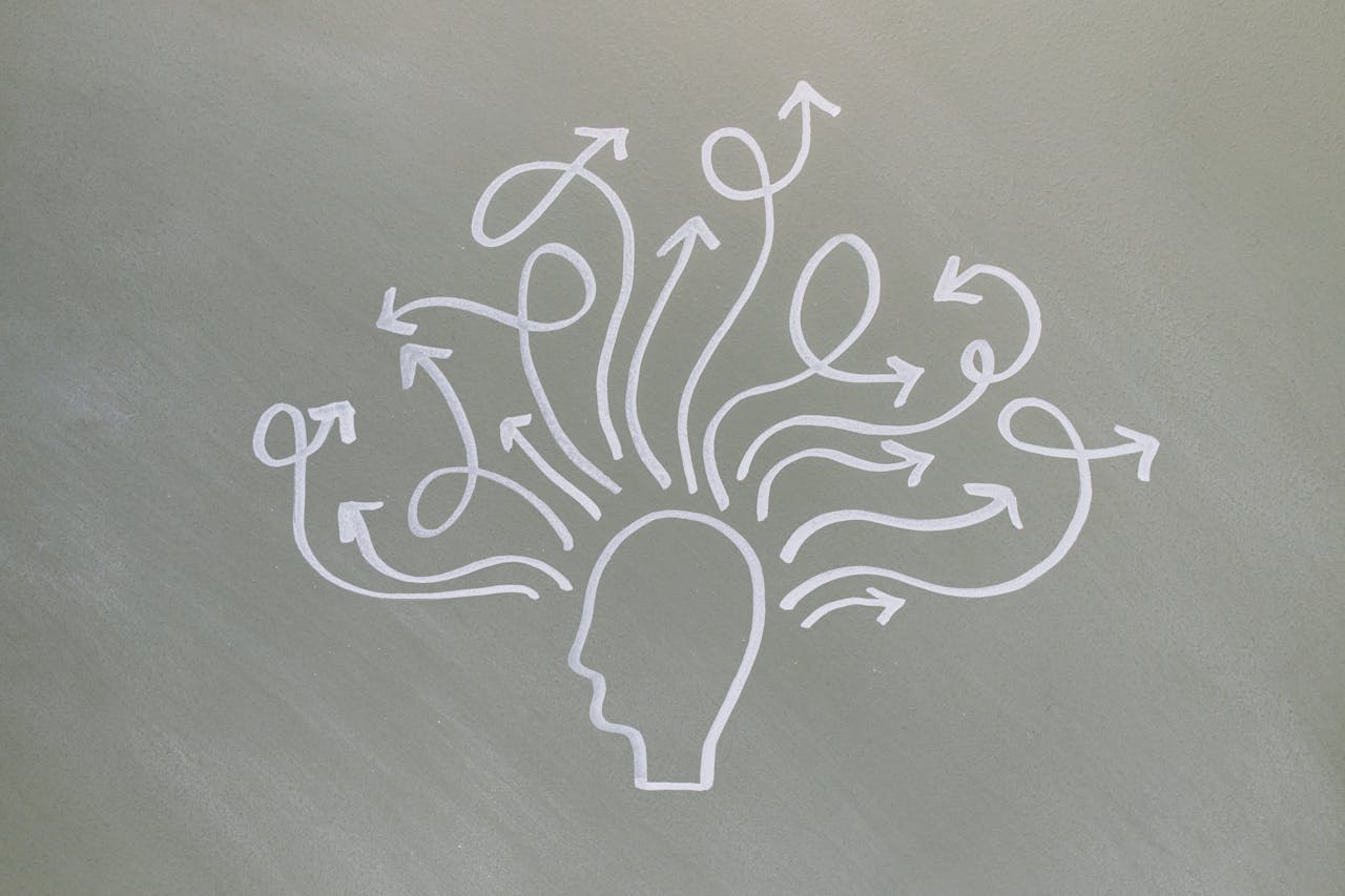 about-img Conceptual chalk drawing illustrating mental health challenges with arrows representing thoughts.